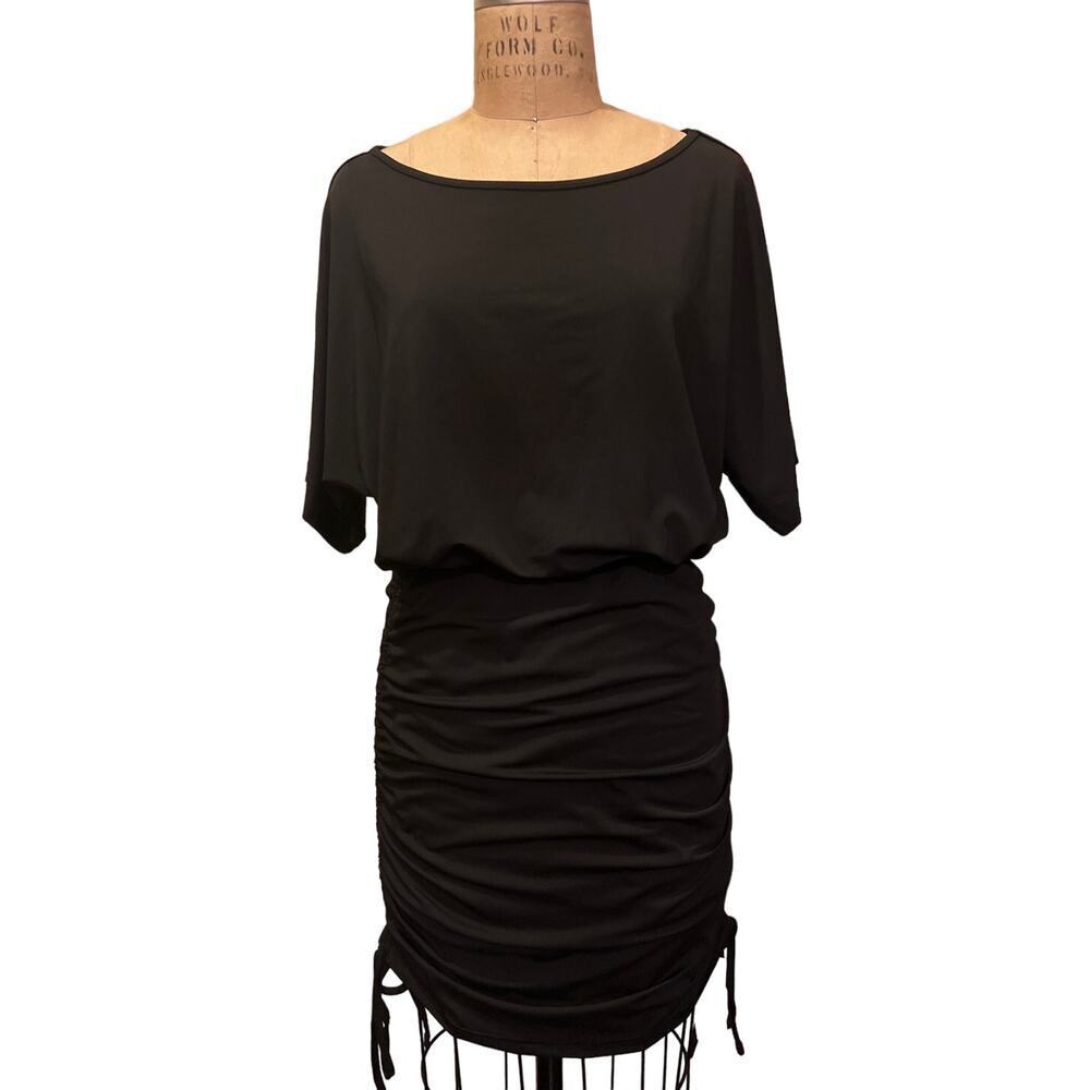 Women's Black Blouson Short Sleeve Ruched Tie Sides Mini Dress NWT Size L